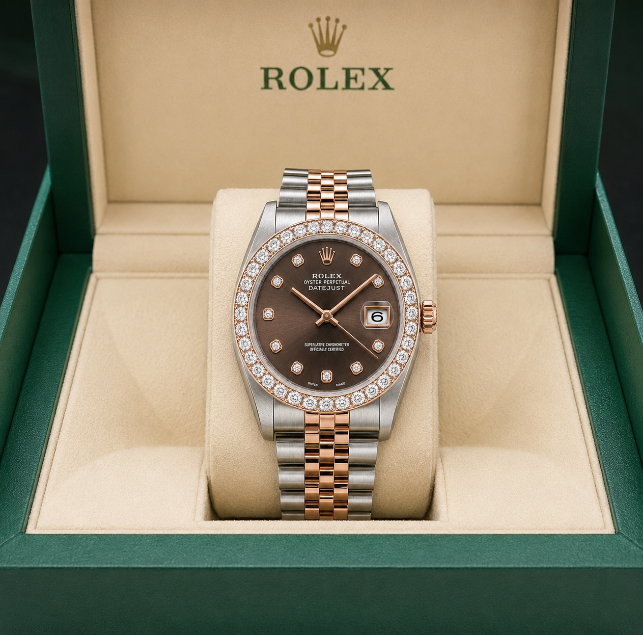 Rolex Datejust Watch 16013 | 36MM | Custom Rose Jubille Band Chocolate Diamond Dial | Diamond Bezel