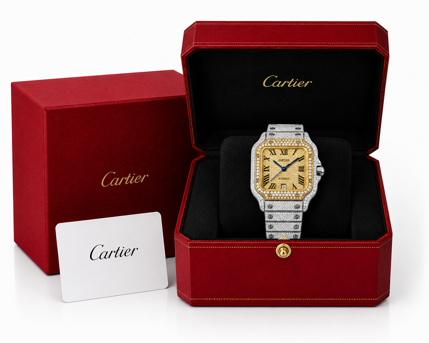 Cartier Santos Yellow & White 40MM 12CTW Natural Diamond Bussdown Iced Out Mens Watch