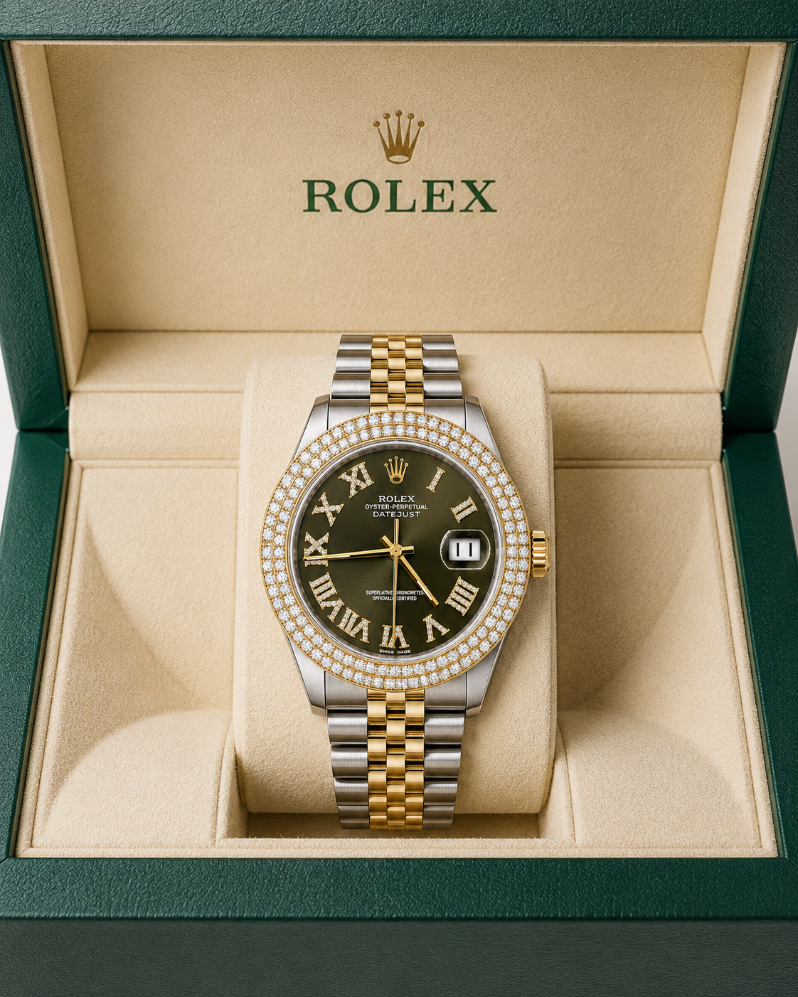 Rolex Datejust Watch 16013 | 36MM | Jubille Band Green Roman Diamond Dial | Diamond Bezel