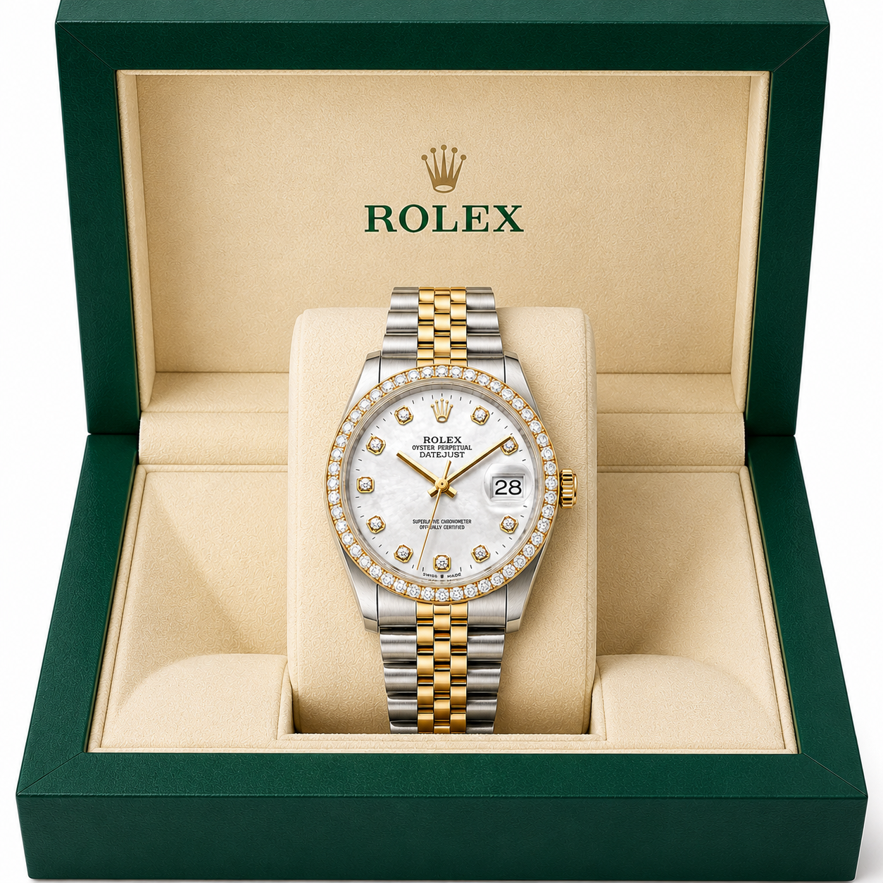 Rolex Datejust Watch | 31MM | White Mop Diamond Dial | Diamond Bezel | Jubilee Band | 1.35ct