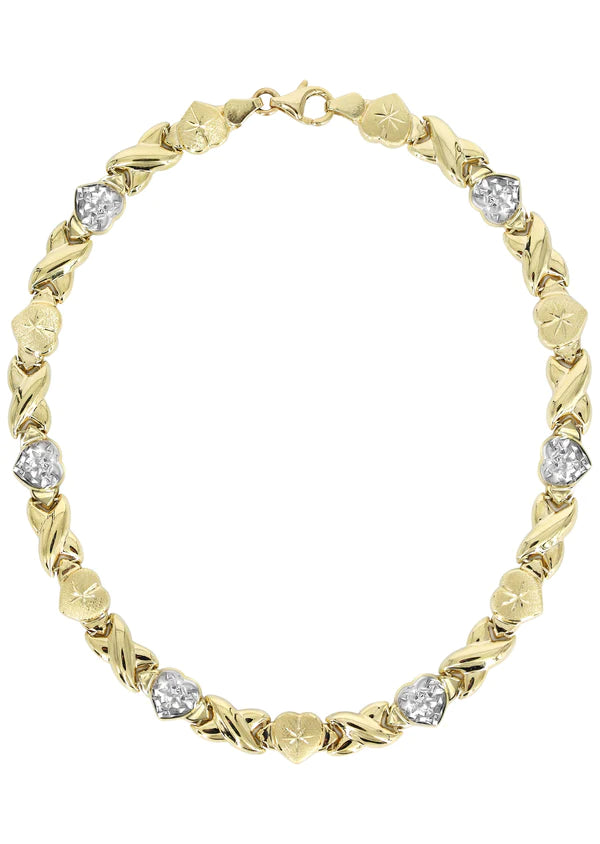 YELLOW GOLD "XO HEART" DIAMOND CUT TWO TONE NECKLACE & BRACELET SET FOR WOMEN | APPX 17.3 GRAMS