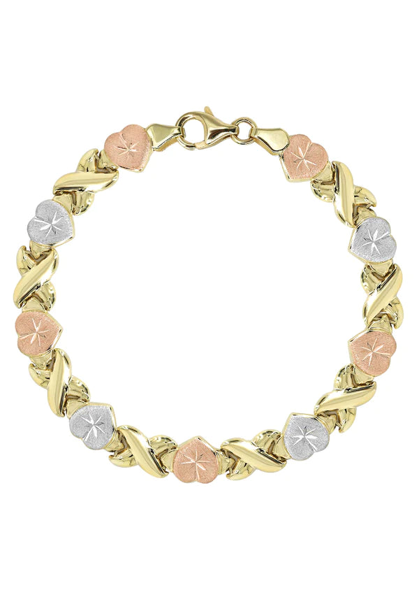 YELLOW GOLD "XO HEART" TRI-COLOR NECKLACE & BRACELET SET FOR WOMEN | APPX 17.9 GRAMS