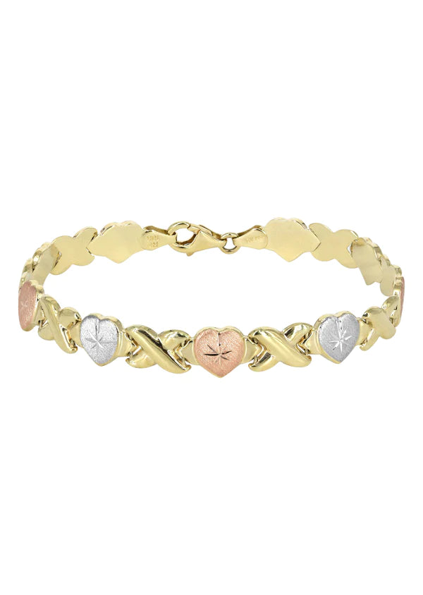 YELLOW GOLD "XO HEART" TRI-COLOR NECKLACE & BRACELET SET FOR WOMEN | APPX 17.9 GRAMS