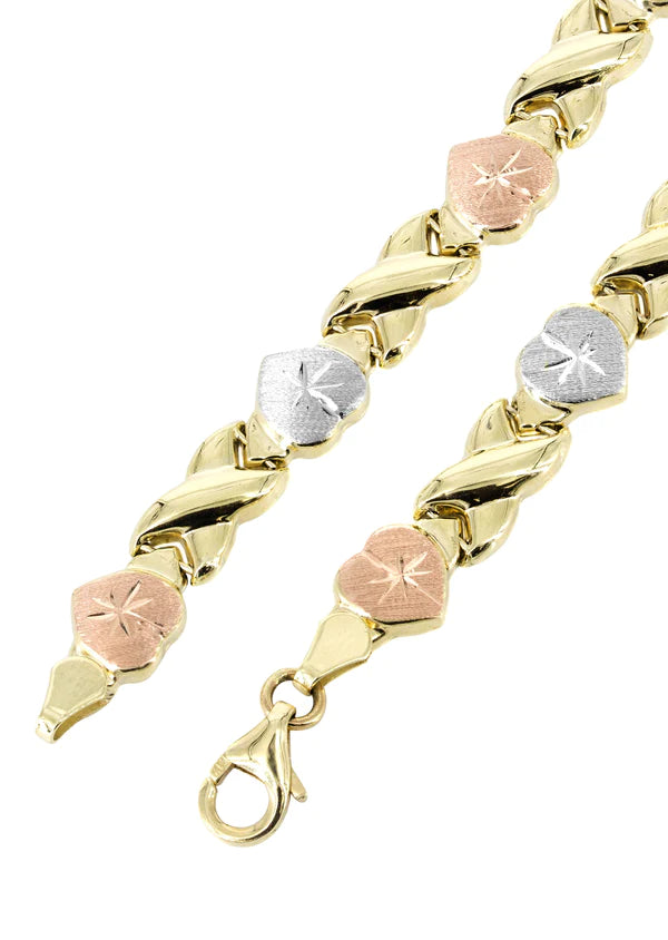 YELLOW GOLD "XO HEART" TRI-COLOR NECKLACE & BRACELET SET FOR WOMEN | APPX 17.9 GRAMS