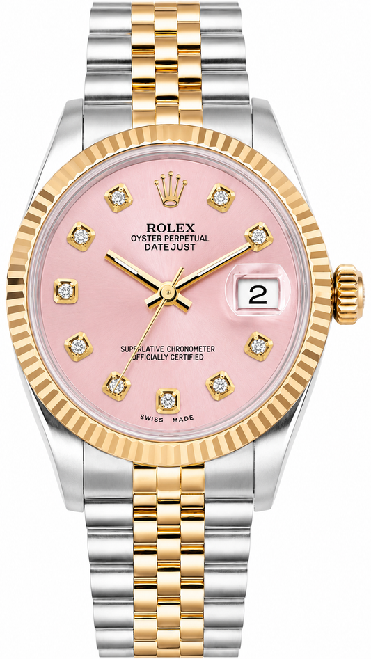 Special Rolex Datejust Watch | 36MM | Pink Dial Diamond bezel  | Jubilee Band Two Tone Diamond Bezel Diamond Earrings
