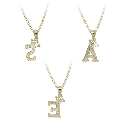 CZ Crown Initial Letter Necklace 10K Yellow Gold