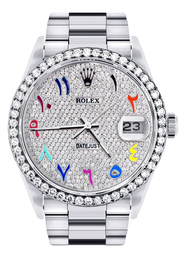 Diamond Rolex Datejust Watch 16200 | 36MM | Full Diamond Color Arabic Dial | Stainless Steel | Oyster Band