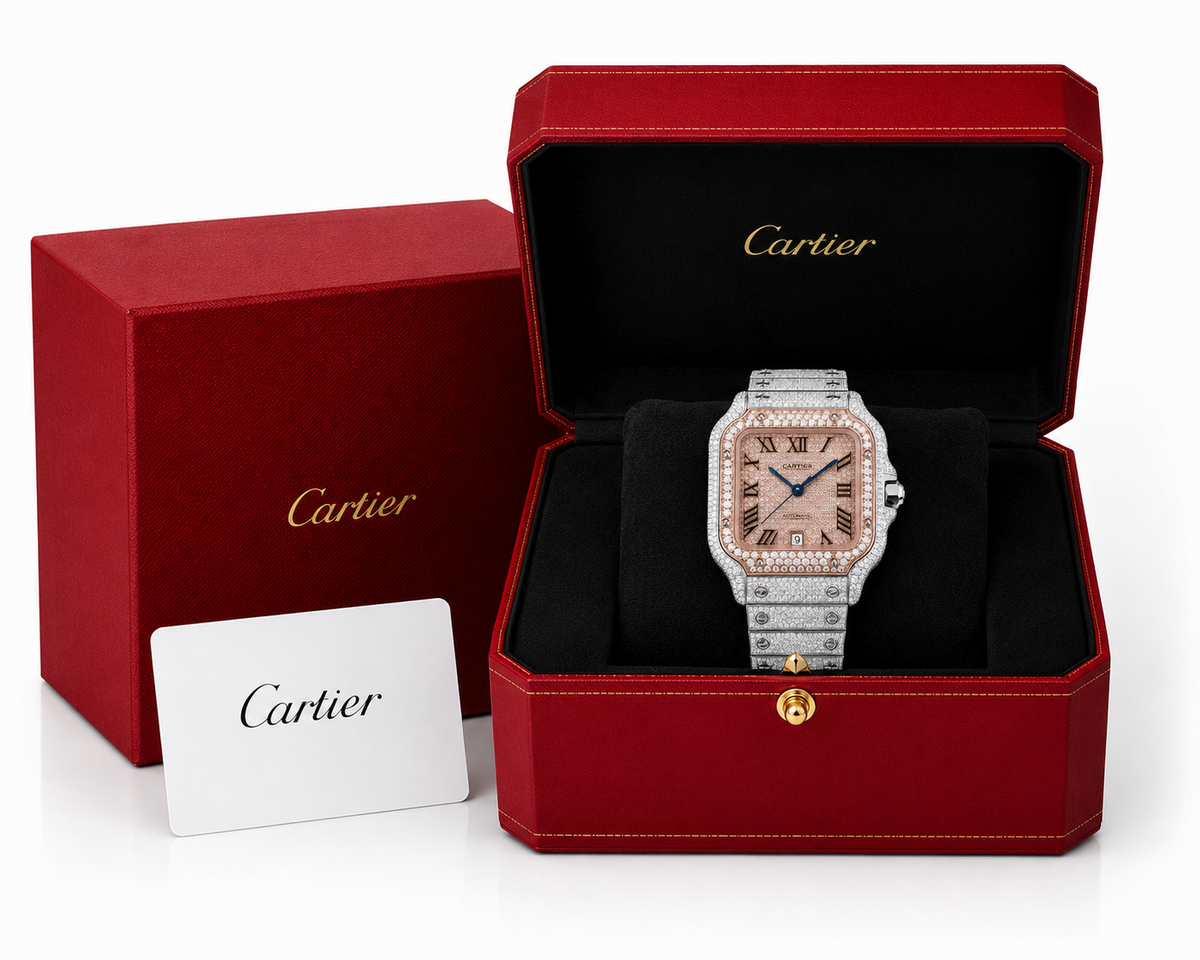 Cartier Santos Rose & White  40MM 12CTW Natural Diamond Bussdown Iced Out Mens Watch