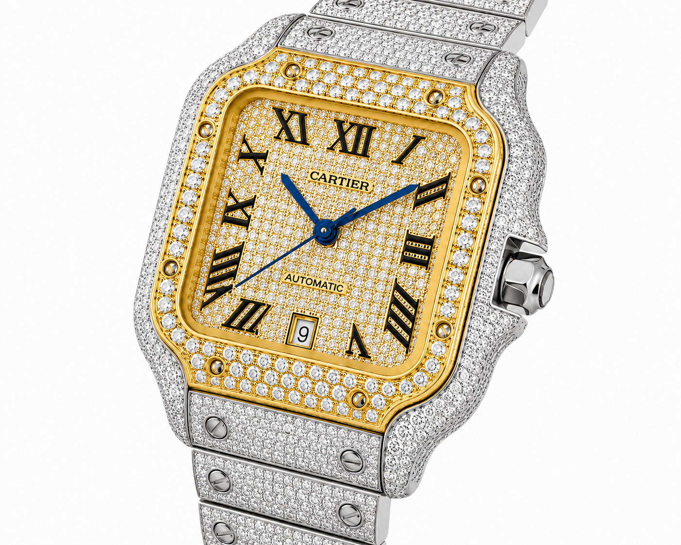 Cartier Santos Yellow & White  40MM 12CTW Natural Diamond Bussdown Iced Out Mens Watch