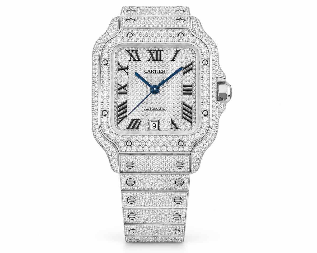 Cartier Santos White 40MM 12CTW Natural Diamond Bussdown Iced Out Mens Watch