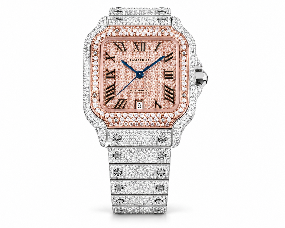 Cartier Santos Rose & White  40MM 12CTW Natural Diamond Bussdown Iced Out Mens Watch