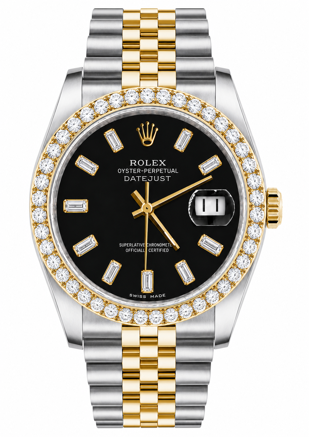 Rolex Datejust Watch 16013 | 36MM | Custom Jubille Band Black Baguette Diamond Dial | Diamond Bezel (Copy) (Copy)