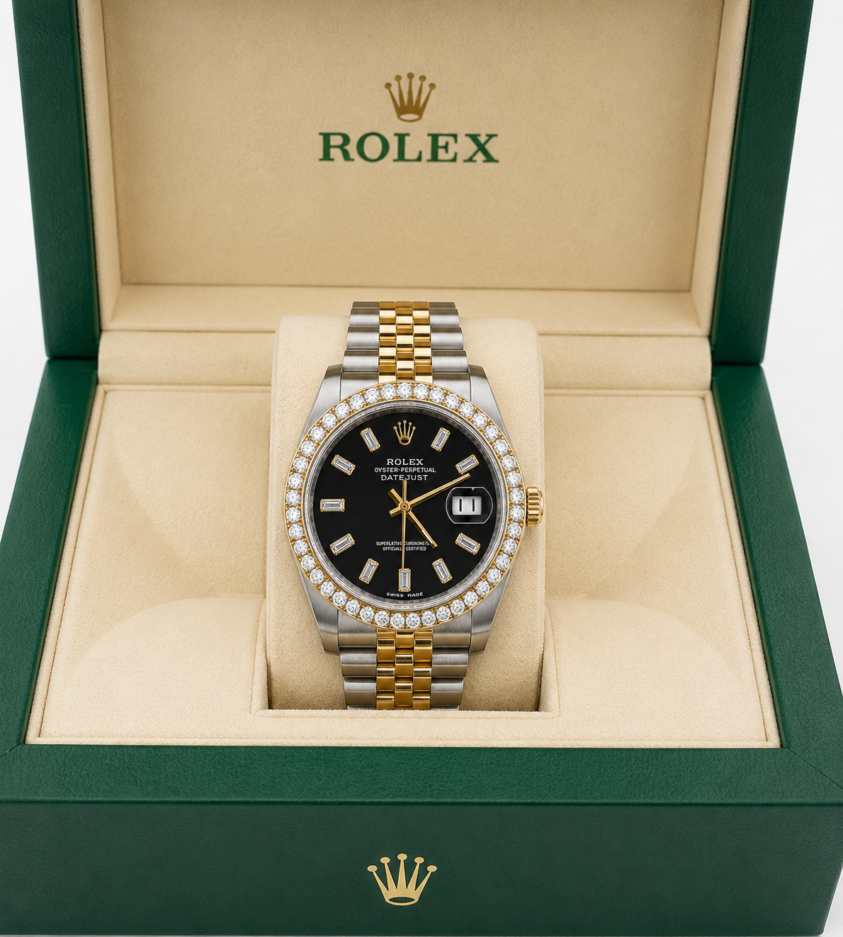 Rolex Datejust Watch 16013 | 36MM | Custom Jubille Band Black Baguette Diamond Dial | Diamond Bezel (Copy) (Copy)