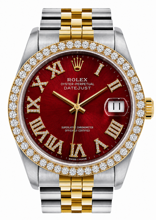Rolex Datejust Watch 16013 | 36MM | Custom Jubille Band Red Roman Diamond Dial | Diamond Bezel