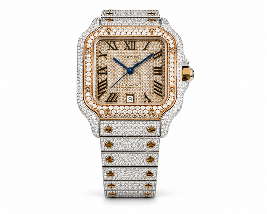 Cartier Santos Rose & White  40MM 12CTW Natural Diamond Bussdown Iced Out Mens Watch