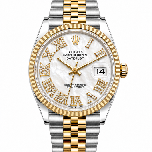 Rolex Datejust | 36MM |  Roman White Mop Diamond Dial | Two Tone |  Jubilee Band 16013