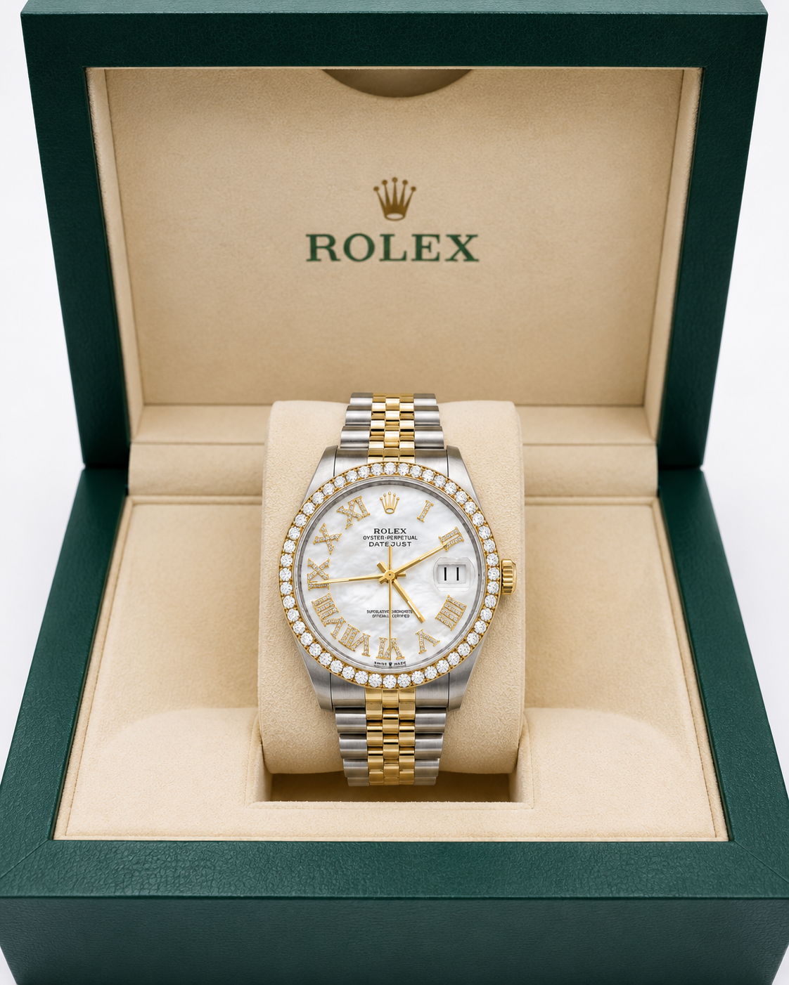 Rolex Datejust Watch 16013 | 36MM |  Mother of pearl  Diamond Dial | Diamond Bezel + 4.89 E VS1 Oval Lab Grown Diamond Engagement Ring 14kt