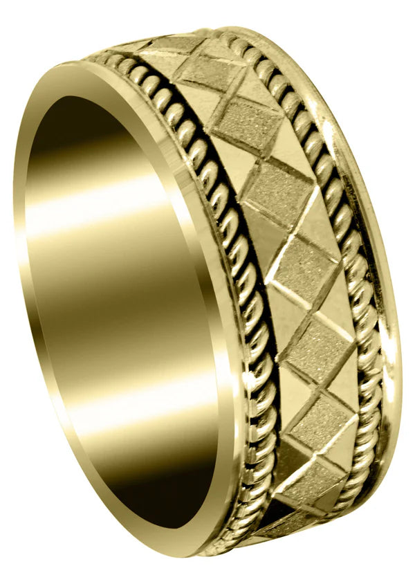 Mens Modern Unique Wedding Band Ring | 14K/18K Solid Yellow Gold | Stone Finish Finish (Jonah)