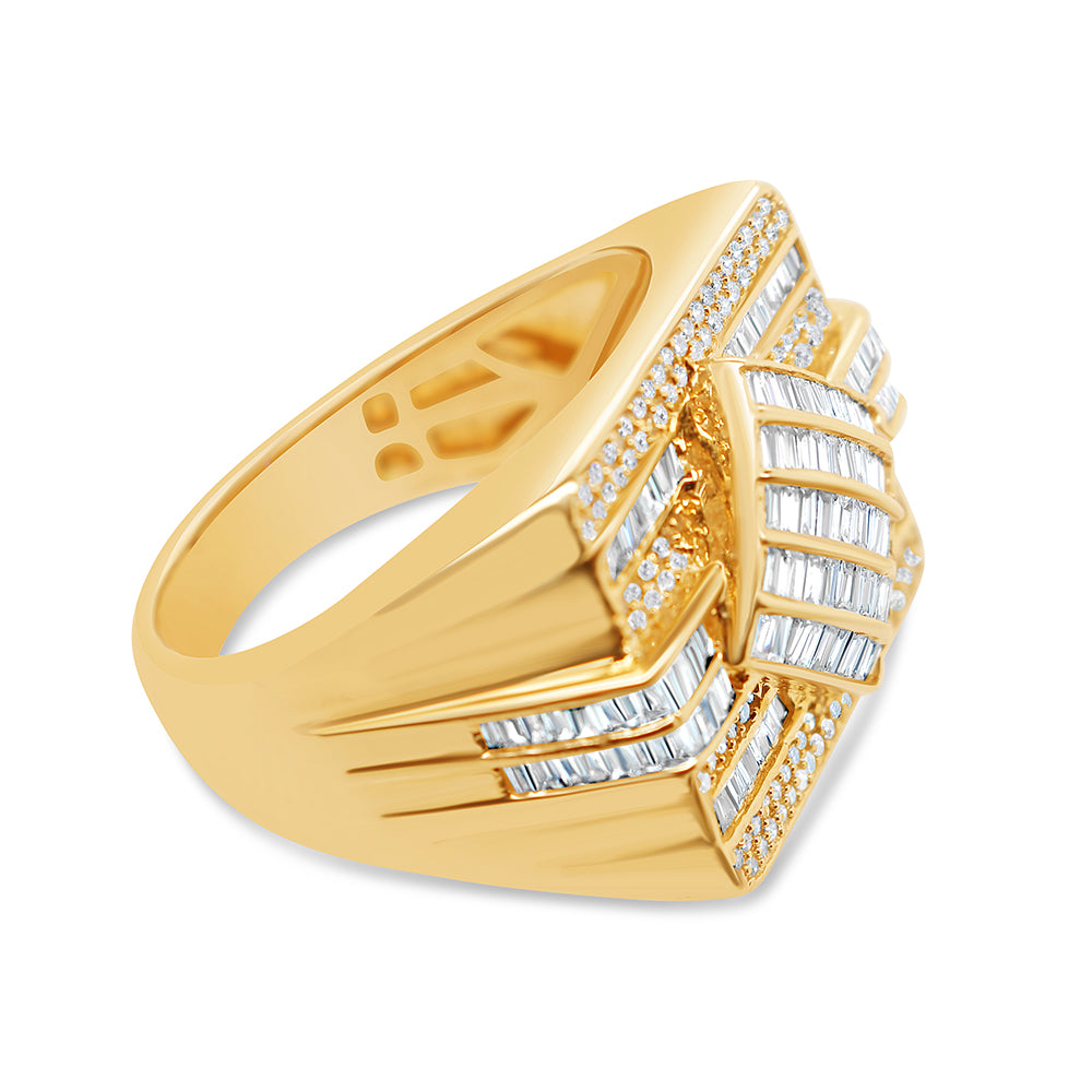 Mens Gold Round and Baguette Diamond Square Pinky Ring | 14K Yellow Gold | 1.16CTW