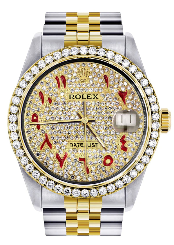 Diamond Rolex Datejust Watch 16233 | 36MM | Custom Red Arabic Full Diamond Dial | Stainless Steel | Jubilee Band