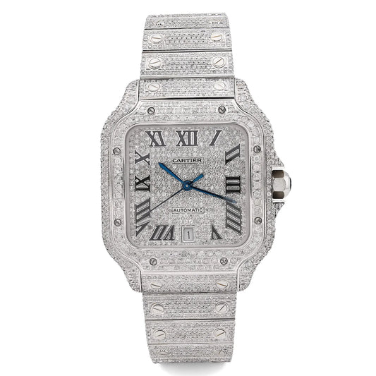 Cartier Santos White 40MM 12CTW Natural Diamond Bussdown Iced Out Mens Watch