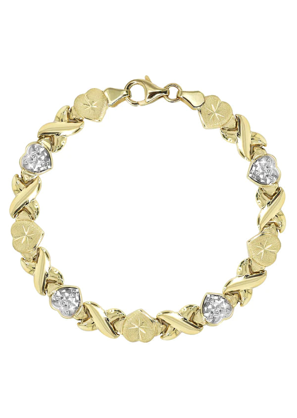 YELLOW GOLD "XO HEART" DIAMOND CUT TWO TONE BRACELET FOR WOMEN 10K/14K