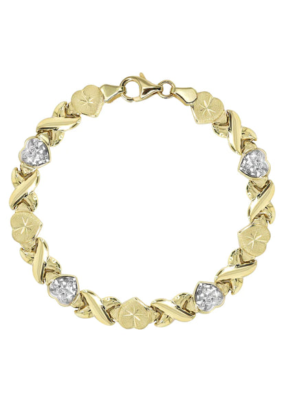 YELLOW GOLD "XO HEART" DIAMOND CUT TWO TONE BRACELET FOR WOMEN 10K/14K