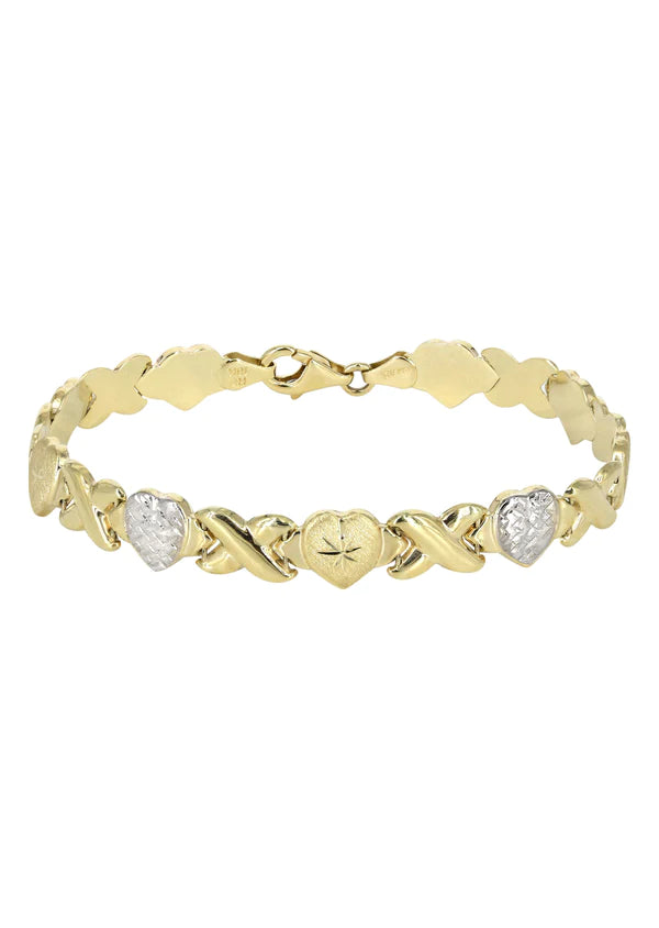 YELLOW GOLD "XO HEART" DIAMOND CUT TWO TONE BRACELET FOR WOMEN 10K/14K