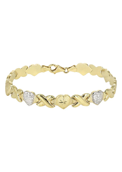 YELLOW GOLD "XO HEART" DIAMOND CUT TWO TONE BRACELET FOR WOMEN 10K/14K