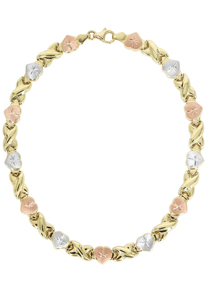 YELLOW GOLD "XO HEART" TRI-COLOR NECKLACE & BRACELET SET FOR WOMEN | APPX 17.9 GRAMS