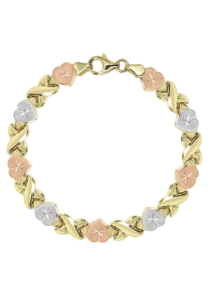 YELLOW GOLD "XO HEART" TRI-COLOR NECKLACE & BRACELET SET FOR WOMEN | APPX 17.9 GRAMS