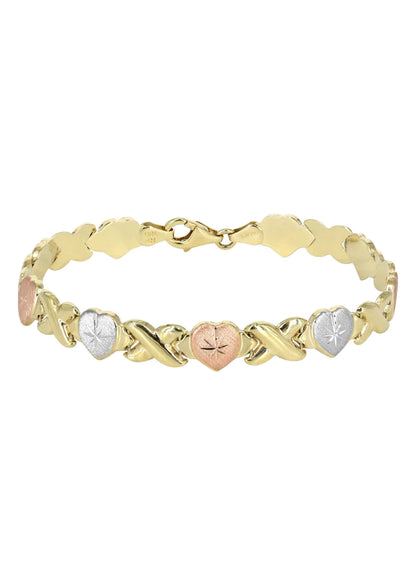YELLOW GOLD "XO HEART" TRI-COLOR NECKLACE & BRACELET SET FOR WOMEN | APPX 17.9 GRAMS