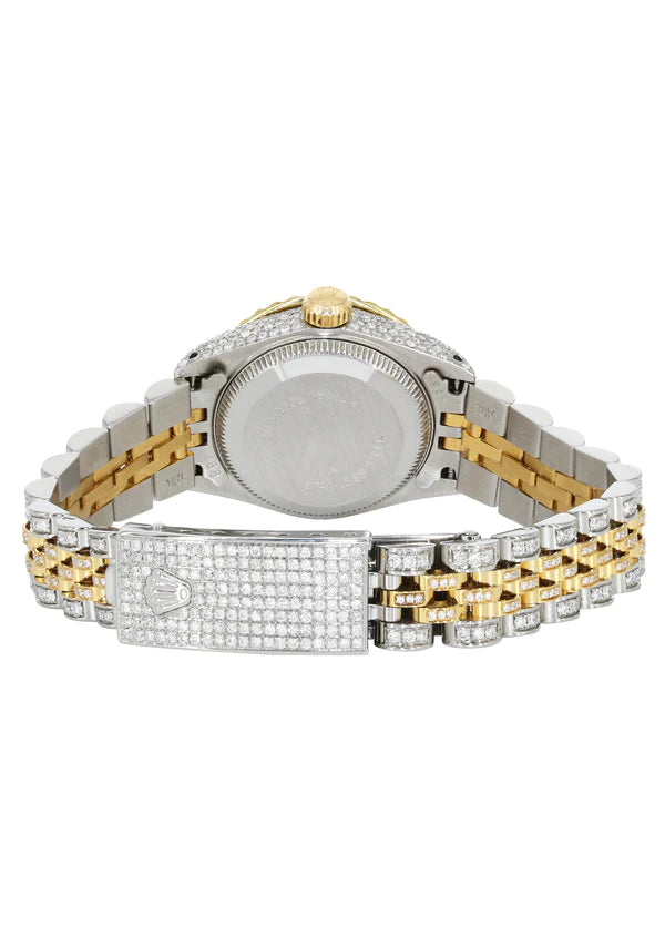 Full Diamond Bust Down Rolex Datejust Gold Watch for Women | 1 Carat Bezel | 26MM | Black Dial | Jubilee Band