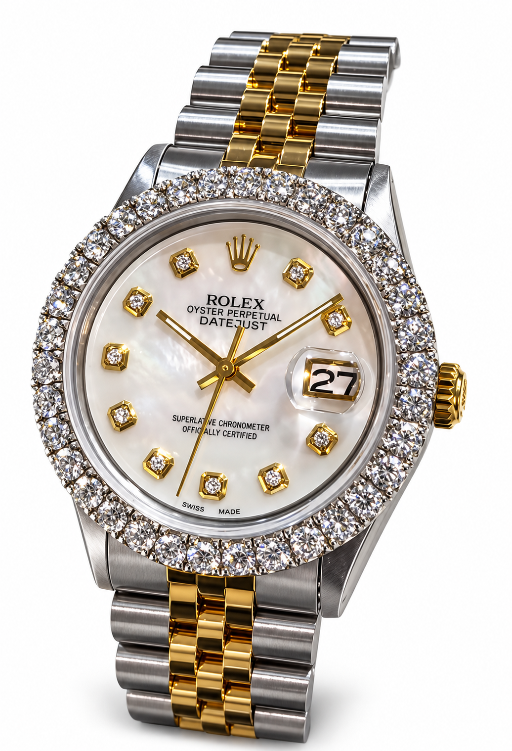 Rolex Datejust Watch | 36MM | Jubille Band Mop Diamond Dial | Diamond Bezel Diamond + Diamond Tennis Bracelet + Earrings