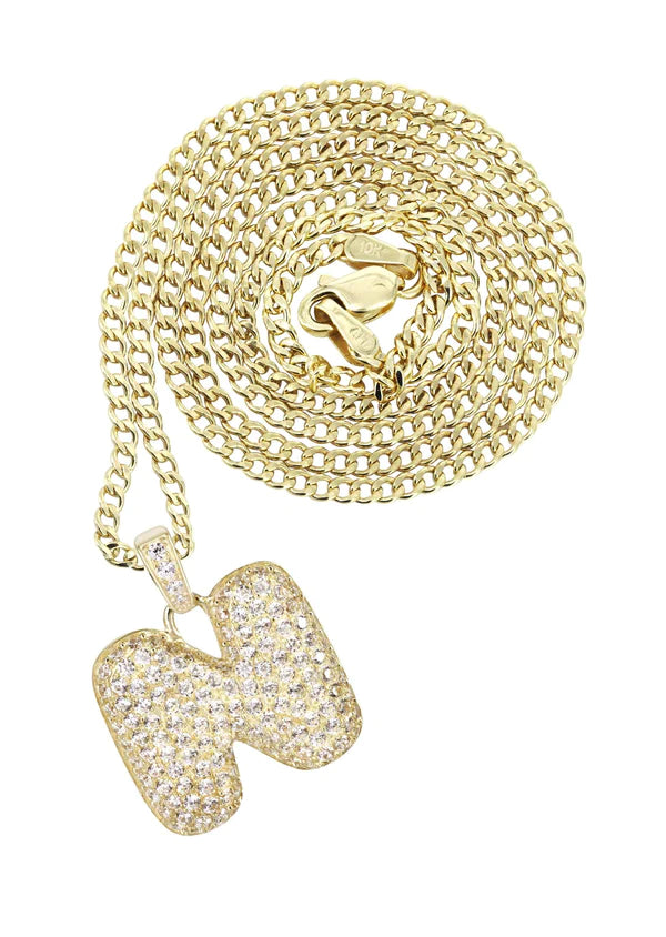 10K Yellow Gold Bubble Letter "N" CZ Necklace | Appx. 5 Grams