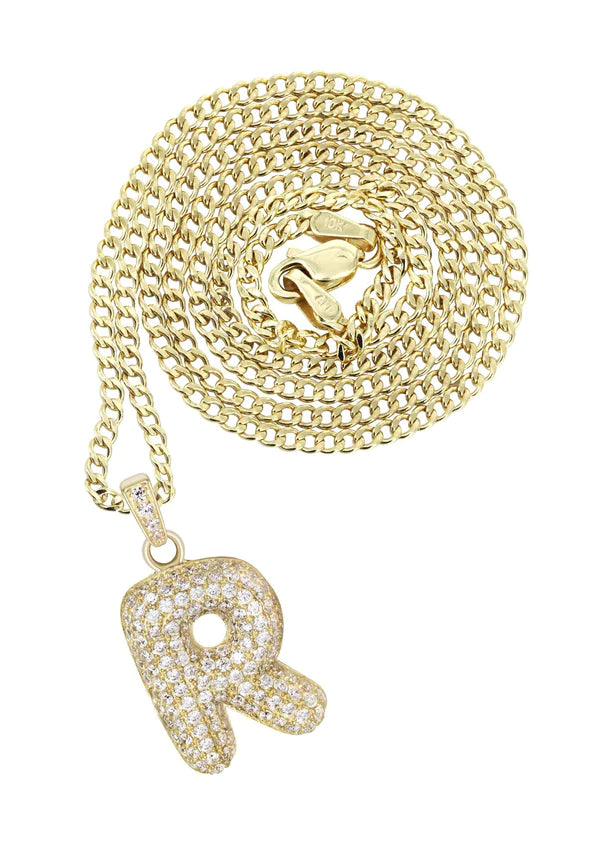 10K Yellow Gold Bubble Letter "R" CZ Necklace | Appx. 4.5 Grams