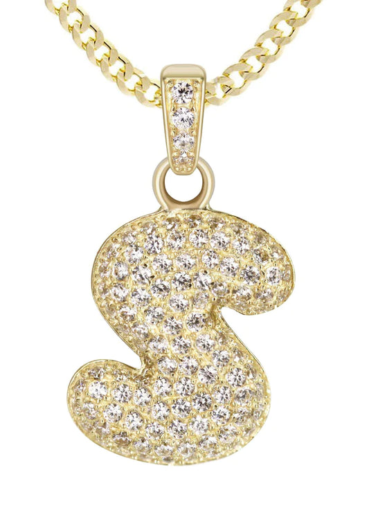 10K Yellow Gold Bubble Letter "S" CZ Necklace | Appx. 4.5 Grams