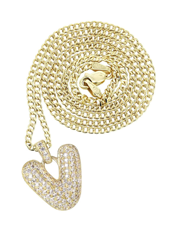 10K Yellow Gold Bubble Letter "V" CZ Necklace | Appx. 4.5 Grams