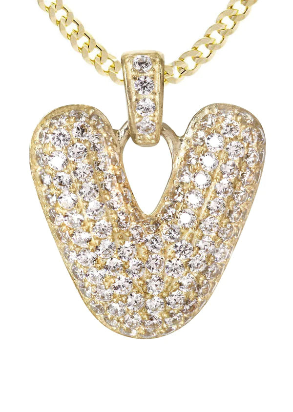 10K Yellow Gold Bubble Letter "V" CZ Necklace | Appx. 4.5 Grams